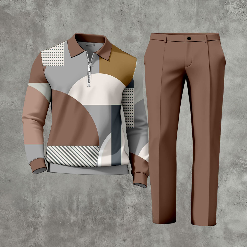 Men's Casual Multi Color Matching Printed Zipper Long Sleeved Polo Shirt & Trousers Two-Piece Set