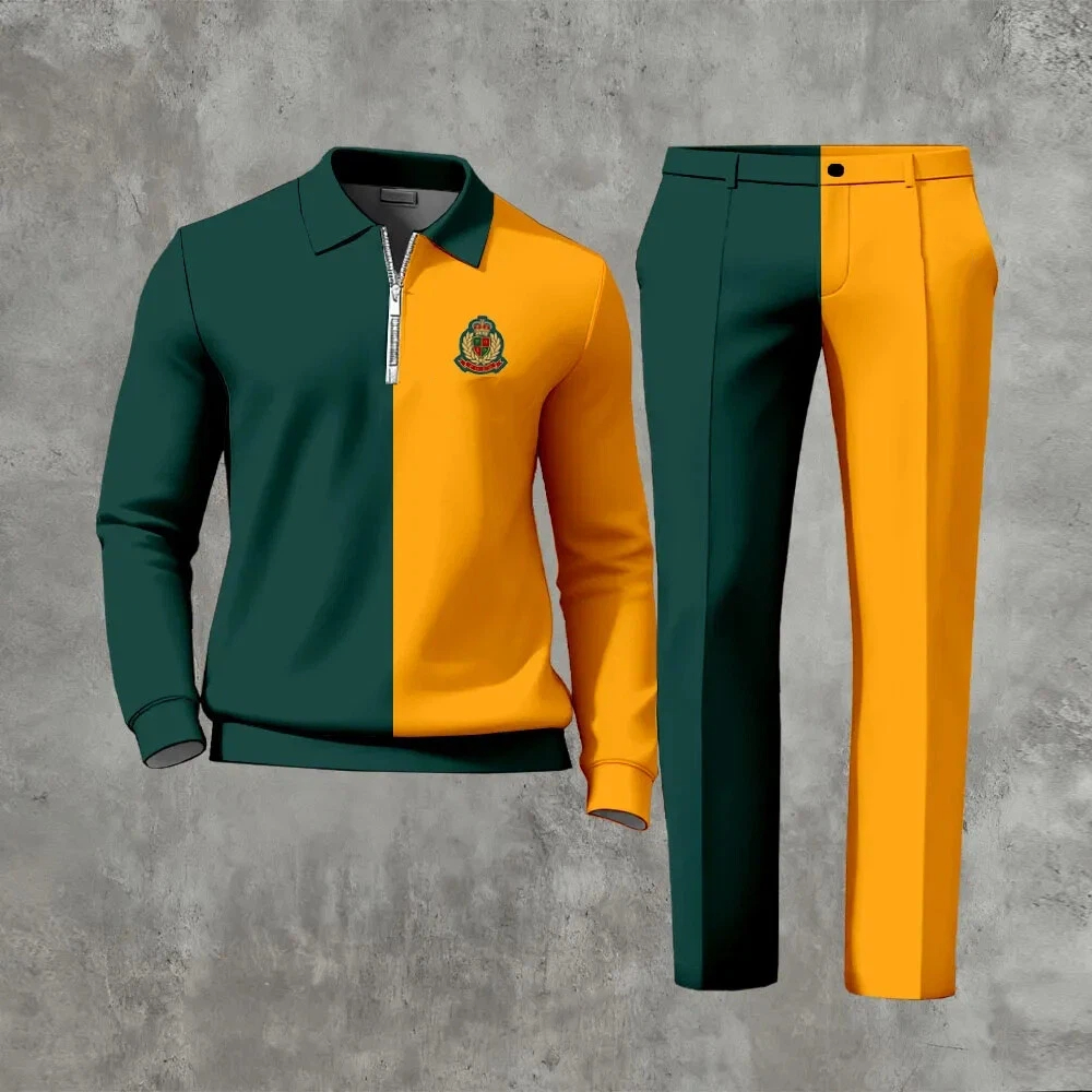 Men's Casual Color Matching Printed Polo-Collar Zipper Long Sleeved Trousers Two-Piece Set