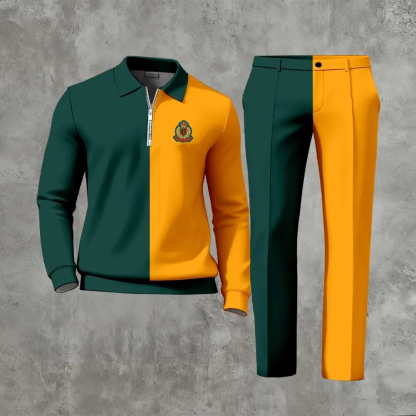 Men's Casual Color Matching Printed Polo-Collar Zipper Long Sleeved Trousers Two-Piece Set
