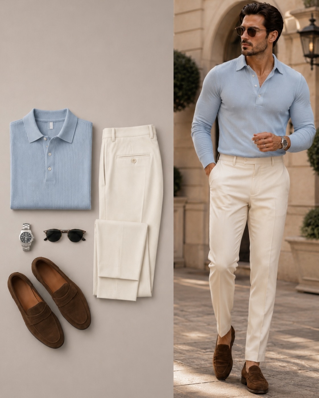 Men's Casual Color Matching Long Sleeves Knit Polo Shirt & Trousers Two Piece Set