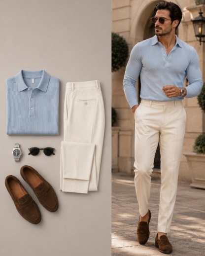 Men's Casual Color Matching Long Sleeves Knit Polo Shirt & Trousers Two Piece Set