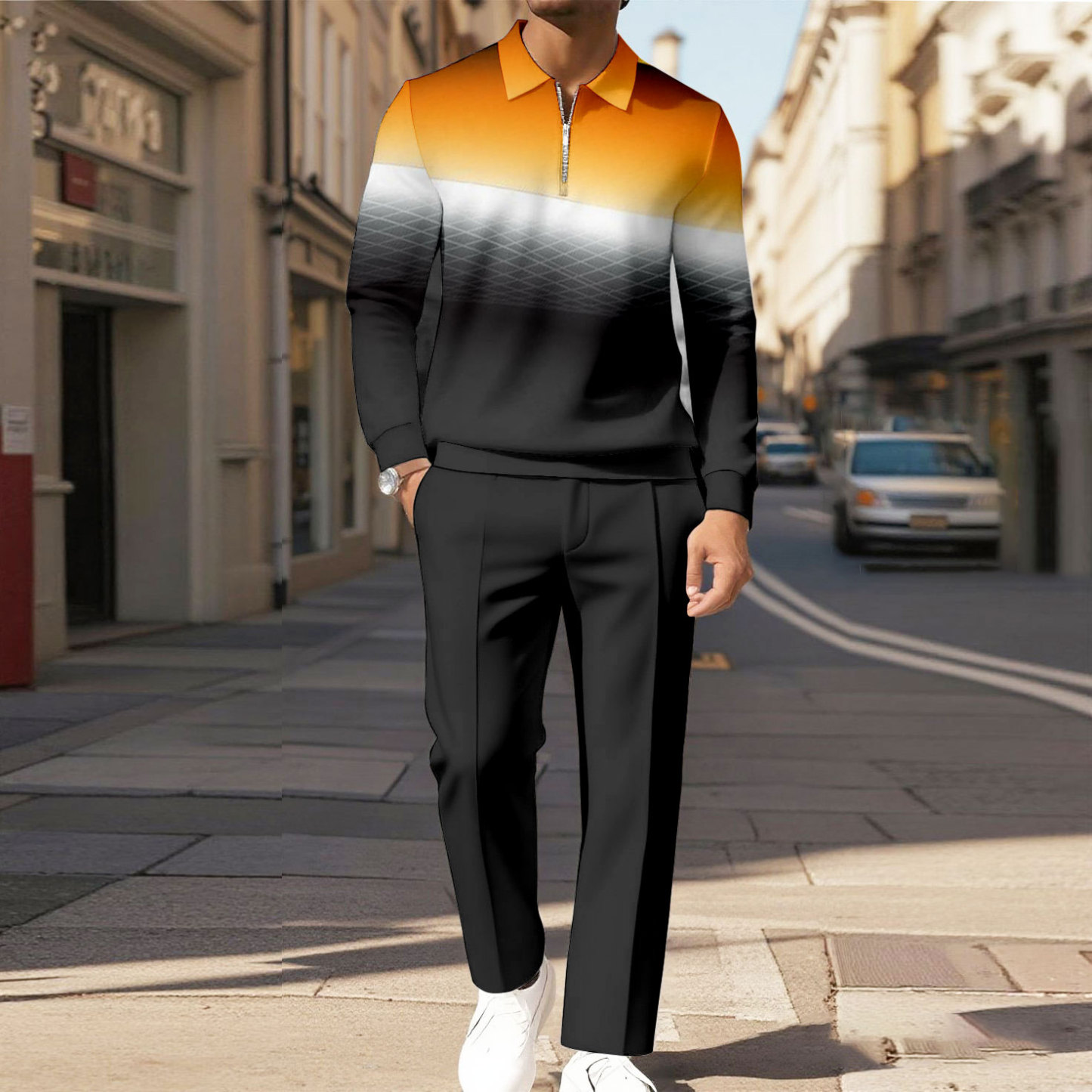 Men's Casual Color Matching Printed Polo-Collar Zipper Long Sleeved Tr