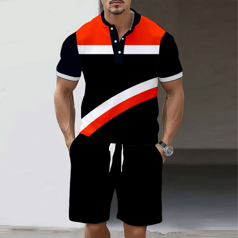 Men's Fashion Polo Round-Neck Geometric Printed Short-Sleeved Two-Piece Set