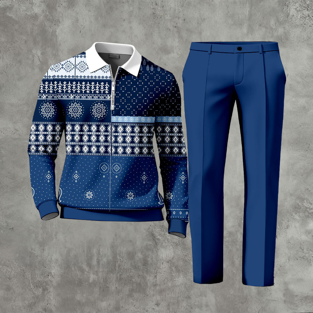 Men's Casual Navy Blue & White Color Matching Vintage Flower Printed P