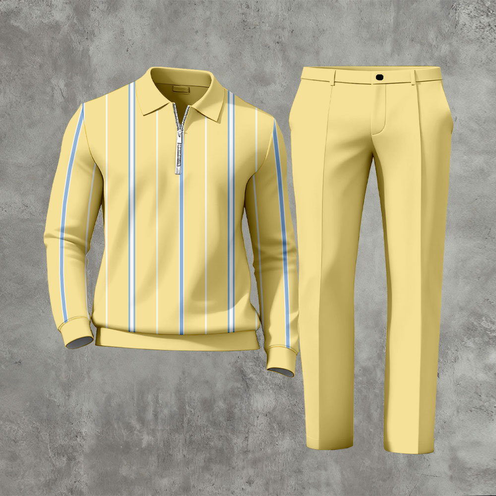 Men's Casual Yellow & White Color Matching Striped Printed Zipper Long Sleeved Polo Shirt & Trousers Two-Piece Set