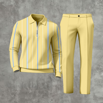 Men's Casual Yellow & White Color Matching Striped Printed Zipper Long Sleeved Polo Shirt & Trousers Two-Piece Set