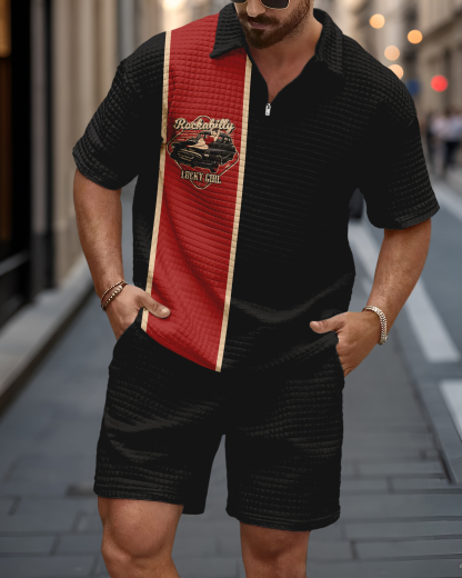 Men's Casual Art Print Waffle Texture Summer Polo Set