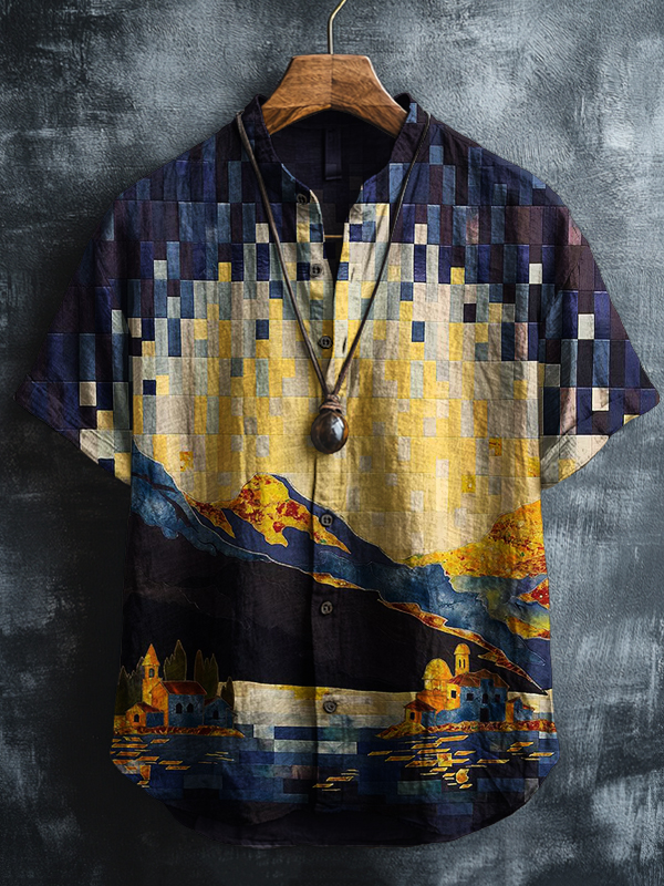 Men's Mosaic Patchwork Art Print Short Sleeve Shirt