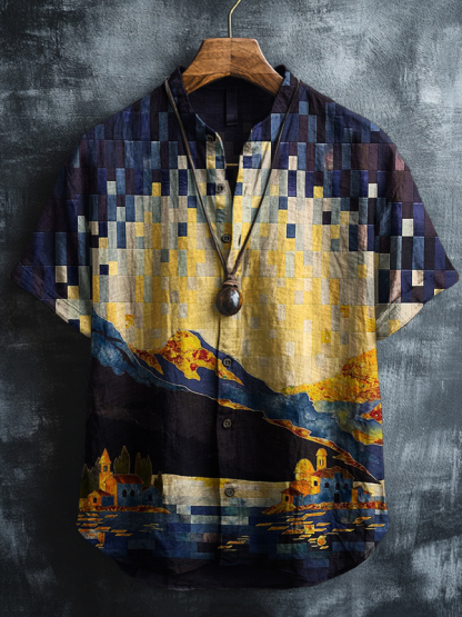 Men's Mosaic Patchwork Art Print Short Sleeve Shirt
