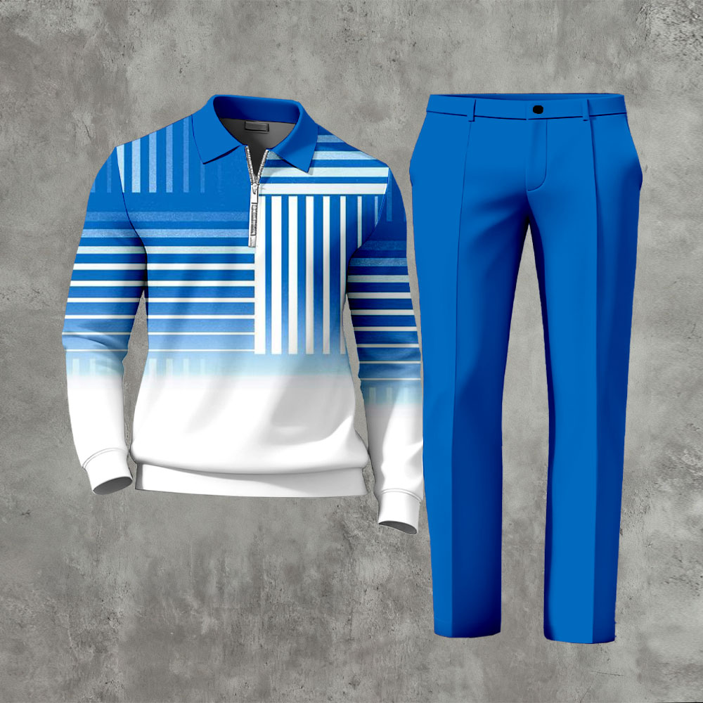 Men's Casual Blue & White Color Matching Gradient Striped Printed Zipper Long Sleeved Polo Shirt & Trousers Two-Piece Set