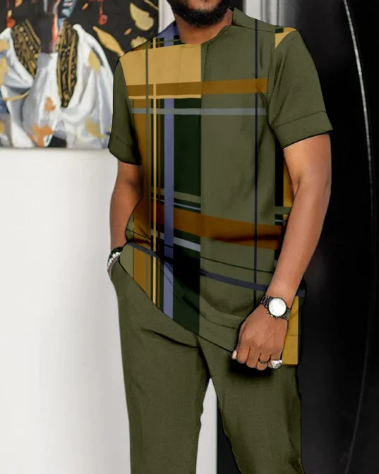 Men's Green Plaid Short Sleeve Suit