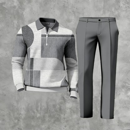 Men's Casual Multi Color Matching Geometric Printed Zipper Long Sleeved Polo Shirt & Trousers Two-Piece Set