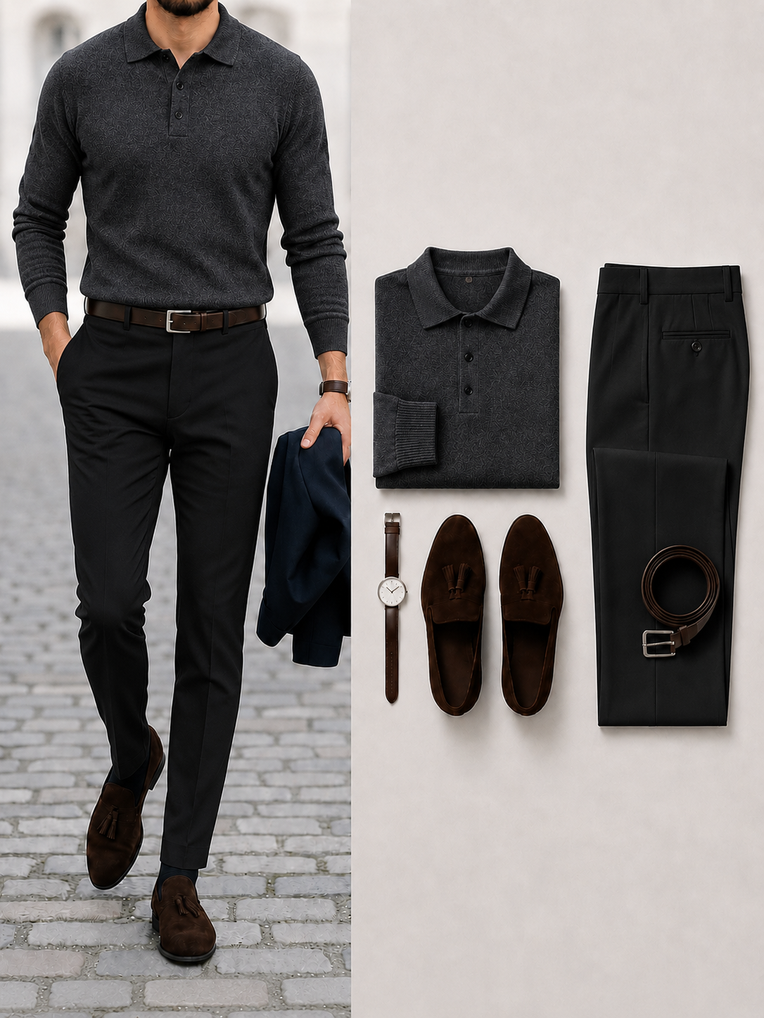 Men's Casual Color Gray Long Sleeves Knit Polo Shirt & Black Chino Pants Two Piece Set