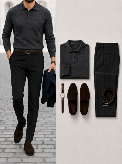 Men's Casual Color Gray Long Sleeves Knit Polo Shirt & Black Chino Pants Two Piece Set