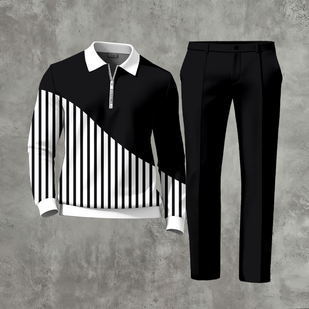 Men's Casual Black & White Color Matching Striped Printed Zipper Long Sleeved Polo Shirt & Trousers Two-Piece Set