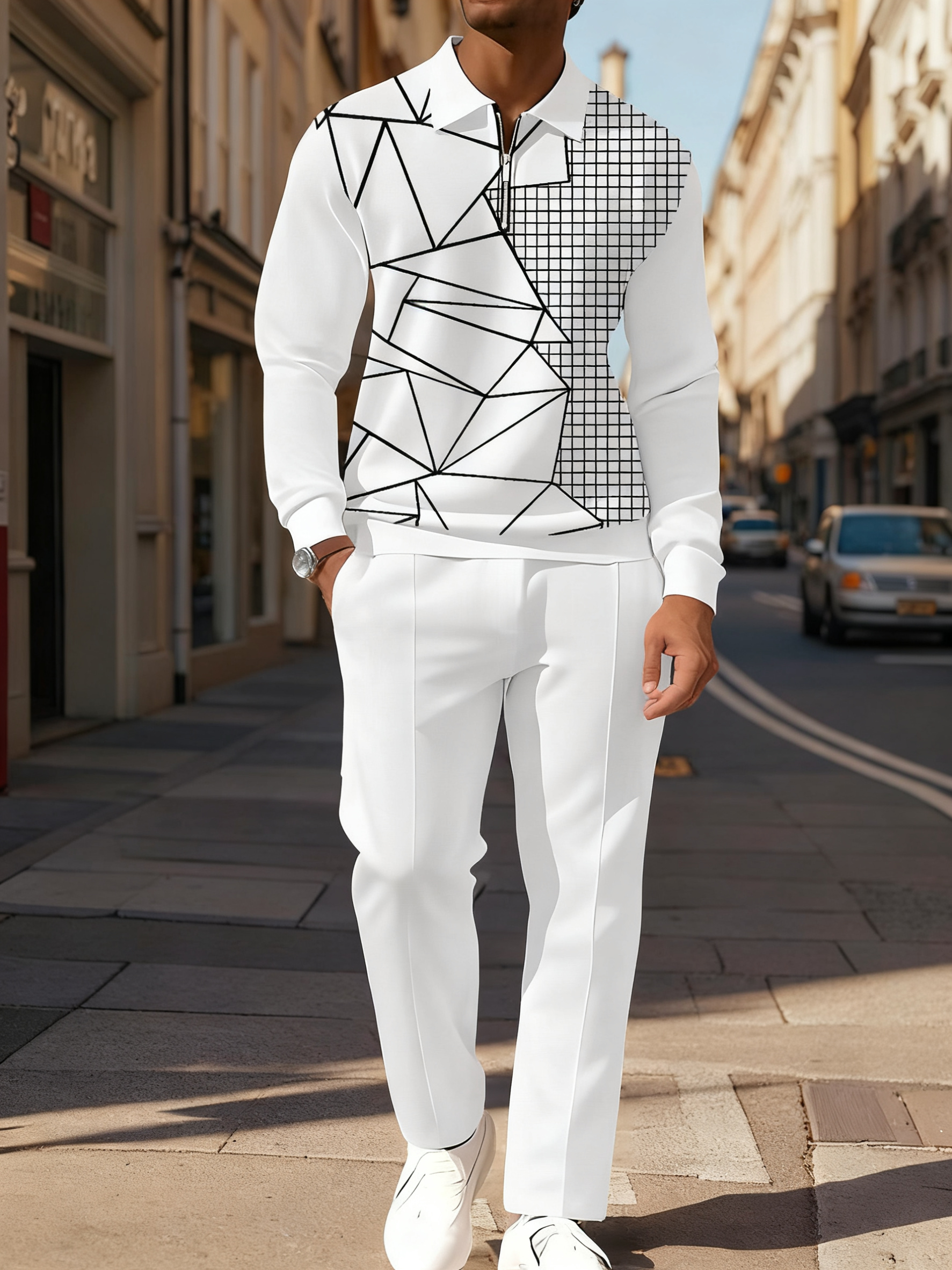 Men's Casual Colorblock Personalized Long Sleeve Polo Shirt Set  003