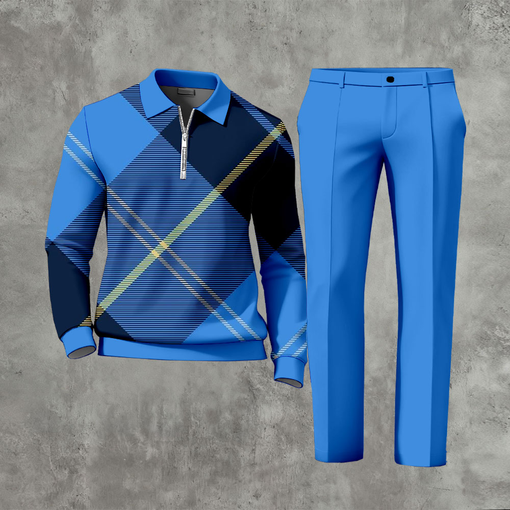Men's Casual Royal Blue Color Matching Checked Printed Polo-Collar Zipper Long Sleeved Trousers Two-Piece Set