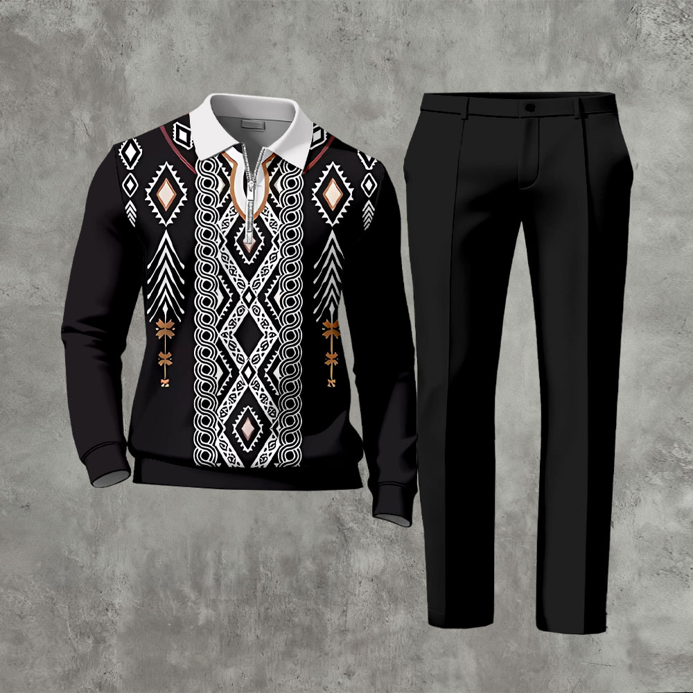 Men's Casual Black & White Color Matching Retro Printed Zipper Long Sleeved Polo Shirt & Trousers Two-Piece Set