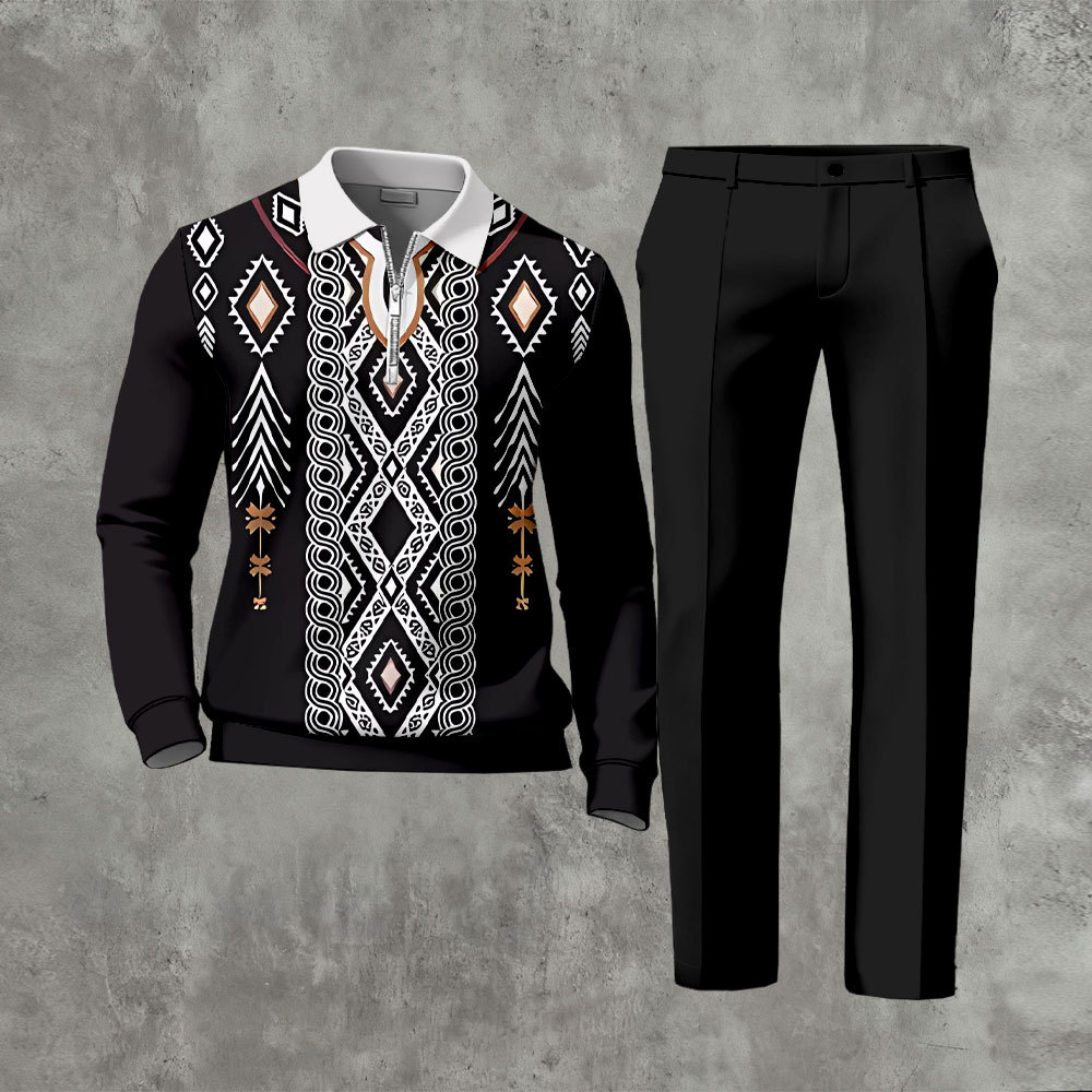 Men's Casual Black & White Color Matching Retro Printed Zipper Long Sl