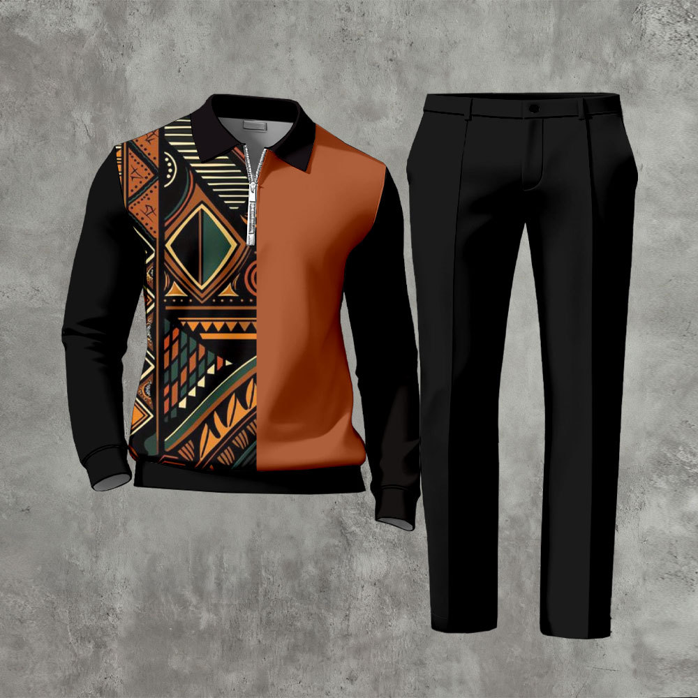 Men's Casual Black & Orange Color Matching Asymmetric Ethnic Printed Z