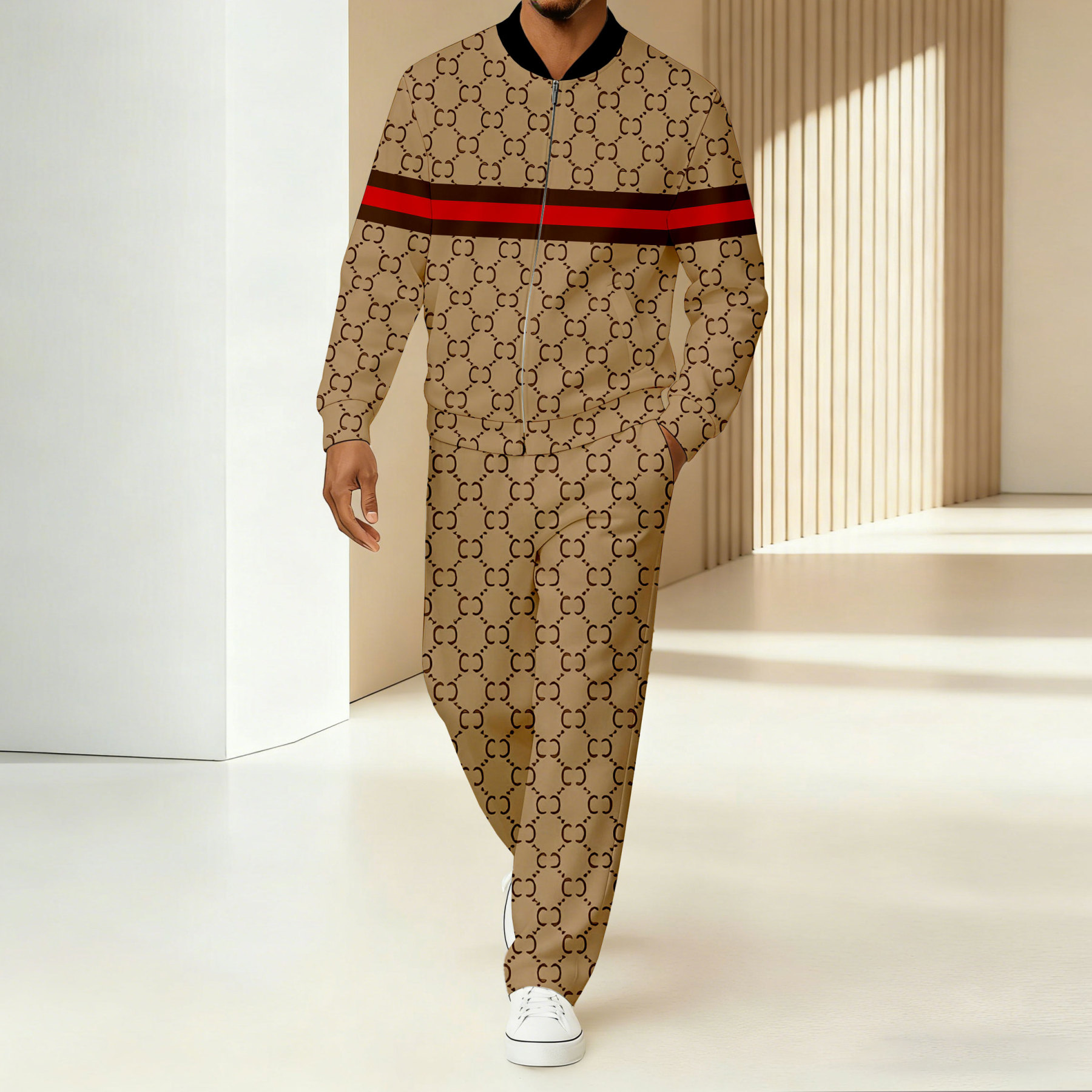 Men's Tan Retor Style Checkered Printed Jacket Sports Jogging Set