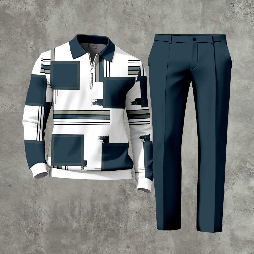 Men's Casual Dark Green Color Matching Asymmetric Printed Polo-Collar Zipper Long Sleeved Trousers Two-Piece Set