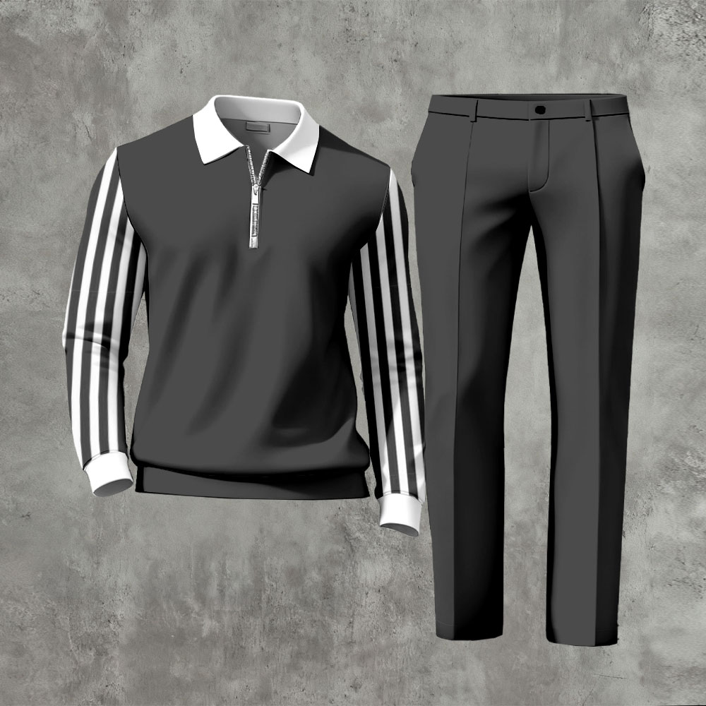 Men's Casual Dark Gray & White Color Matching Striped Printed Zipper Long Sleeved Polo Shirt & Trousers Two-Piece Set
