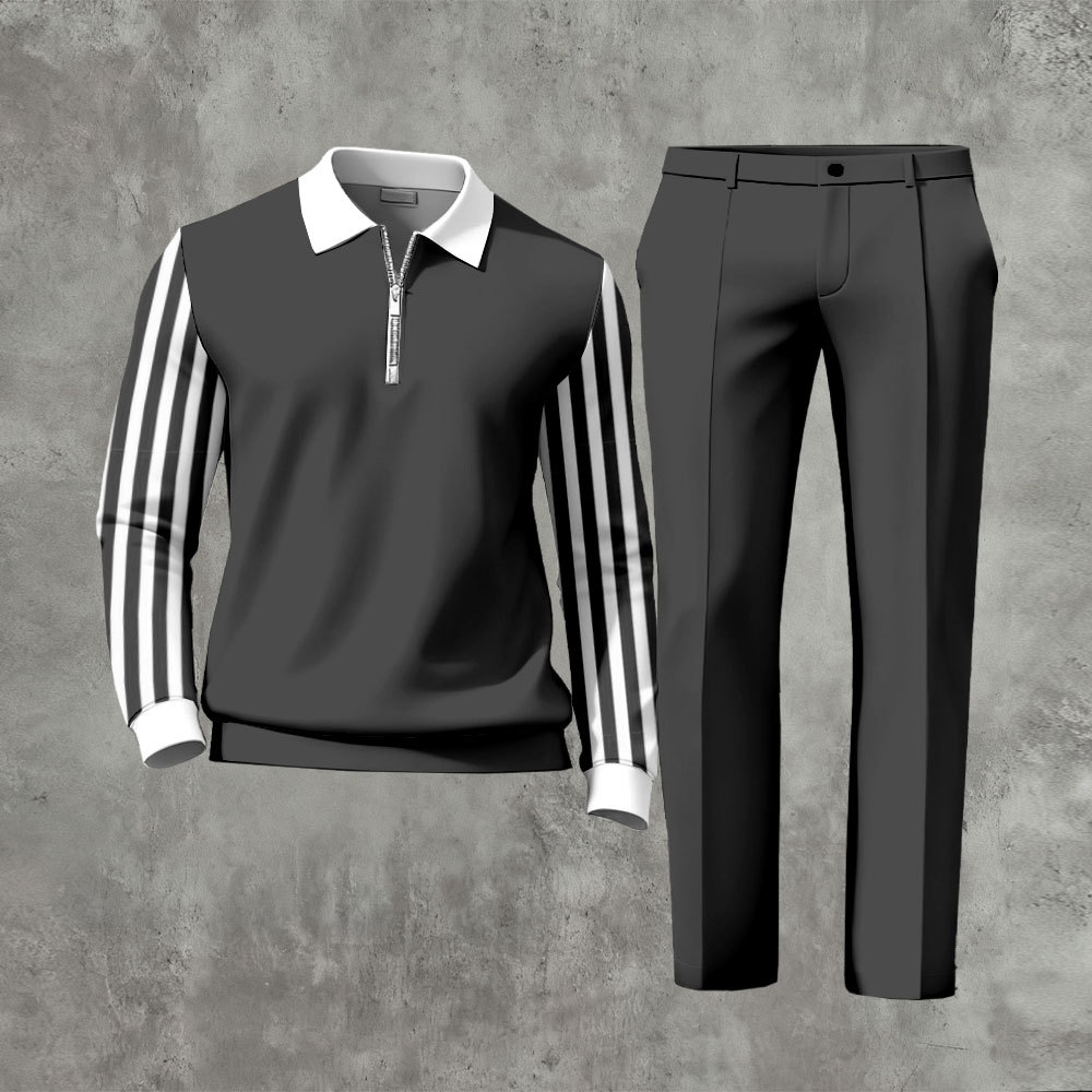 Men's Casual Dark Gray & White Color Matching Striped Printed Zipper L