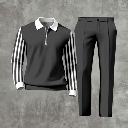 Men's Casual Dark Gray & White Color Matching Striped Printed Zipper Long Sleeved Polo Shirt & Trousers Two-Piece Set