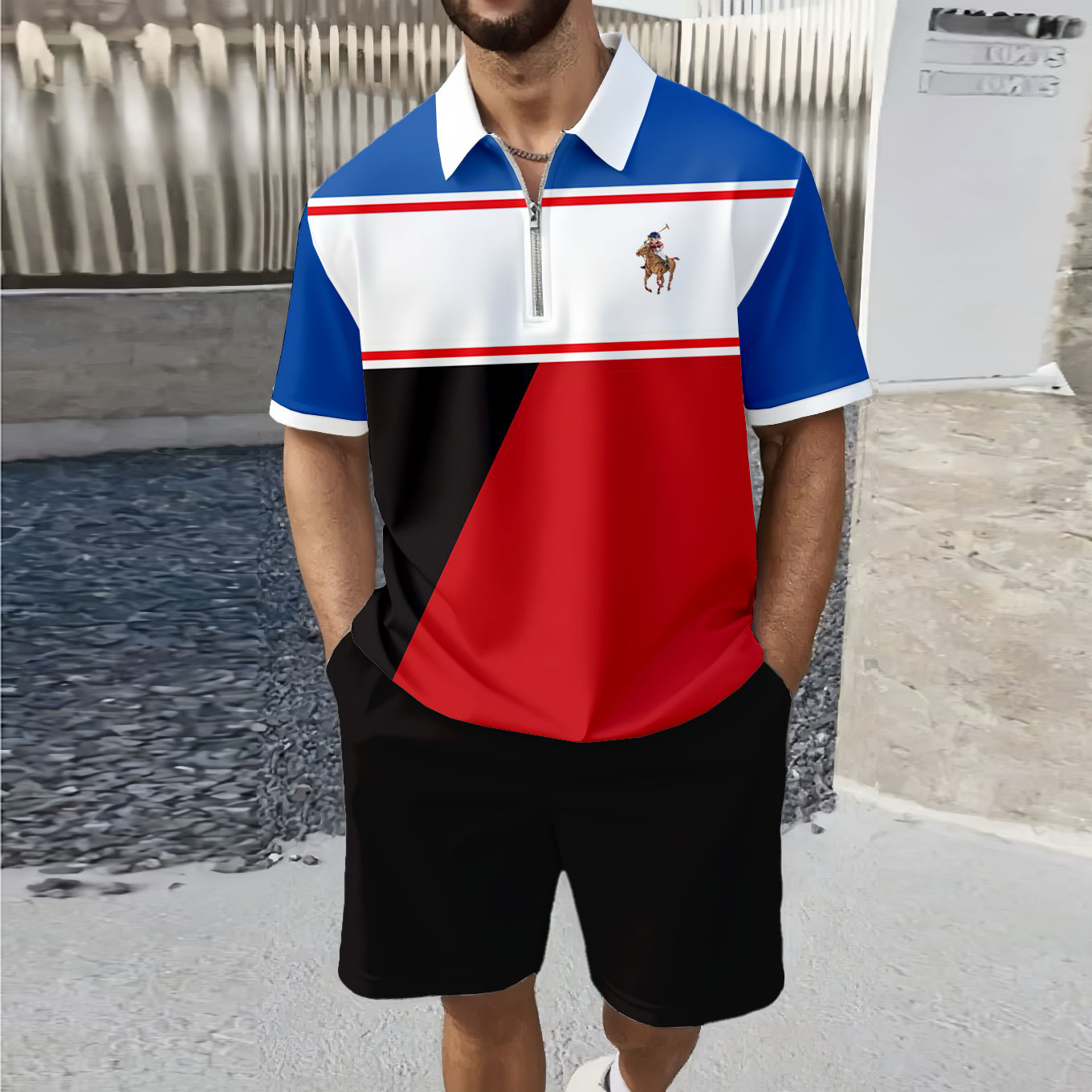 Men's Fashion Casual Zipper Polo Collar Geometric Printed Short-Sleeved Two-Piece Set