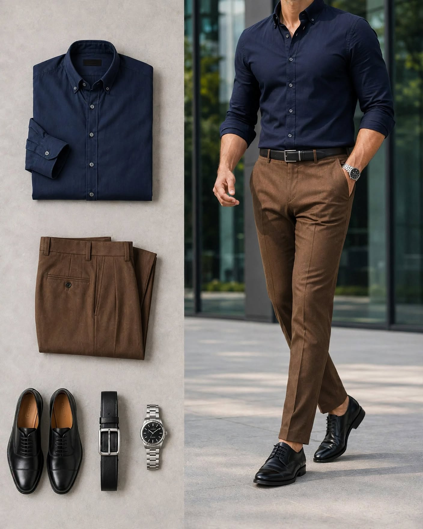 Men's Navy Solid Long Sleeves Shirt & Brown Dress Pants Two-Piece Set