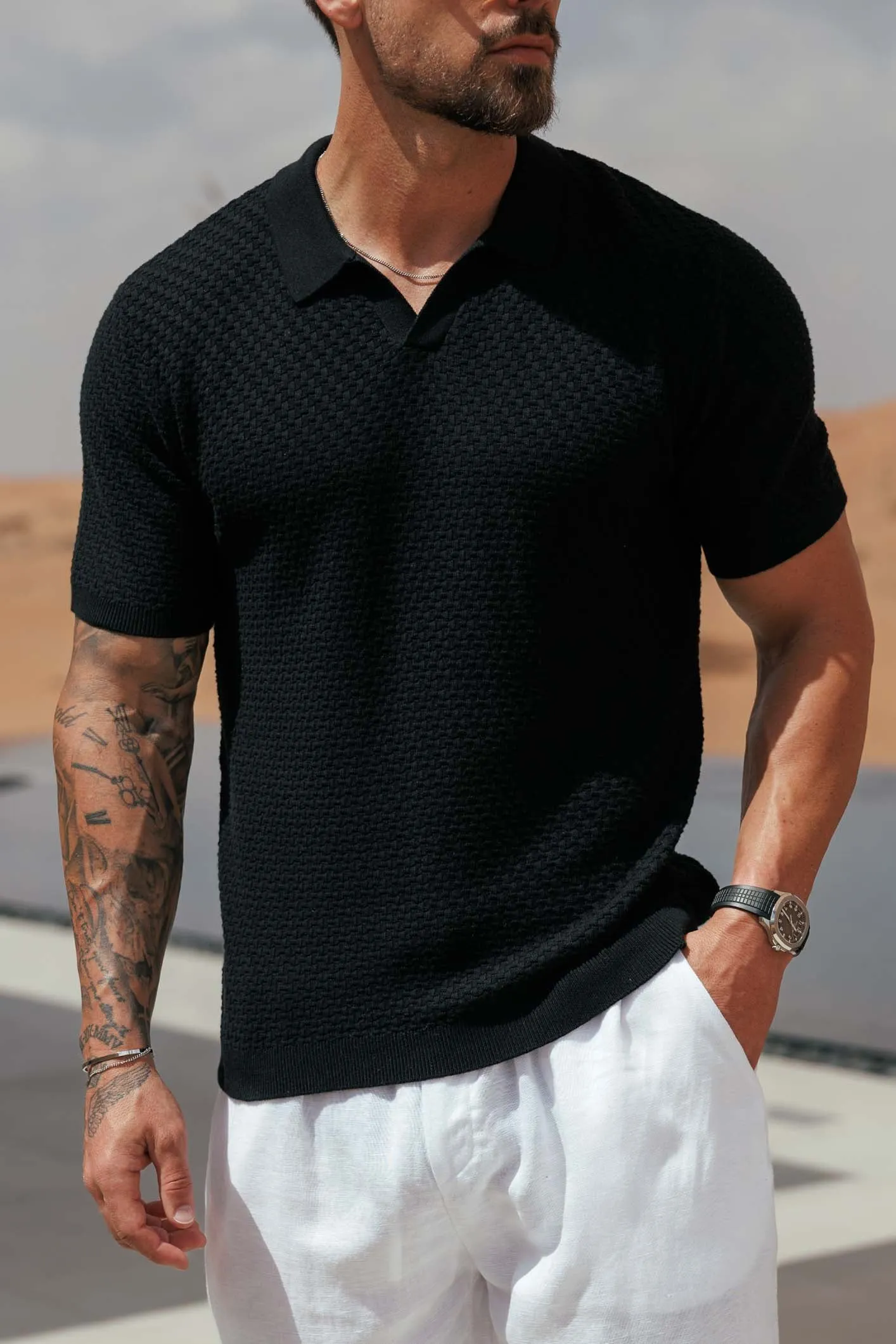 Men's lightweight cotton and linen casual black polo shirt