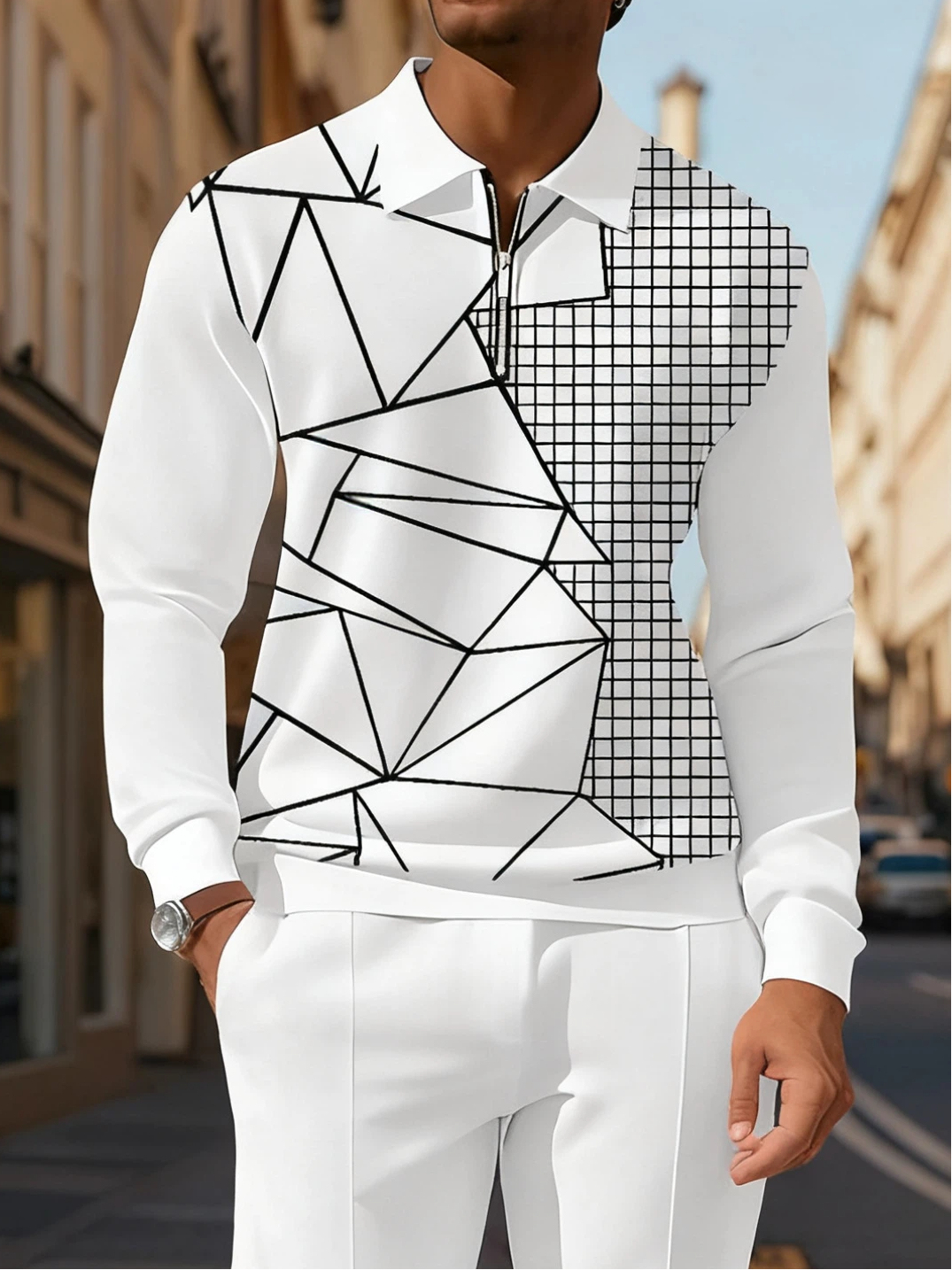 Men's Casual Colorblock Personalized Long Sleeve Polo Shirt Set  003