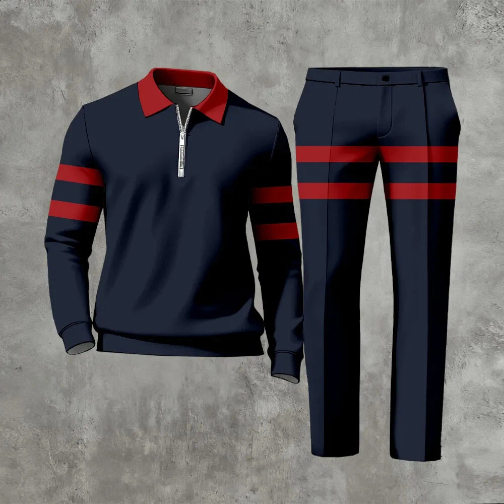 Men's Casual Color Matching Printed Polo-Collar Zipper Long Sleeved Trousers Two-Piece Set