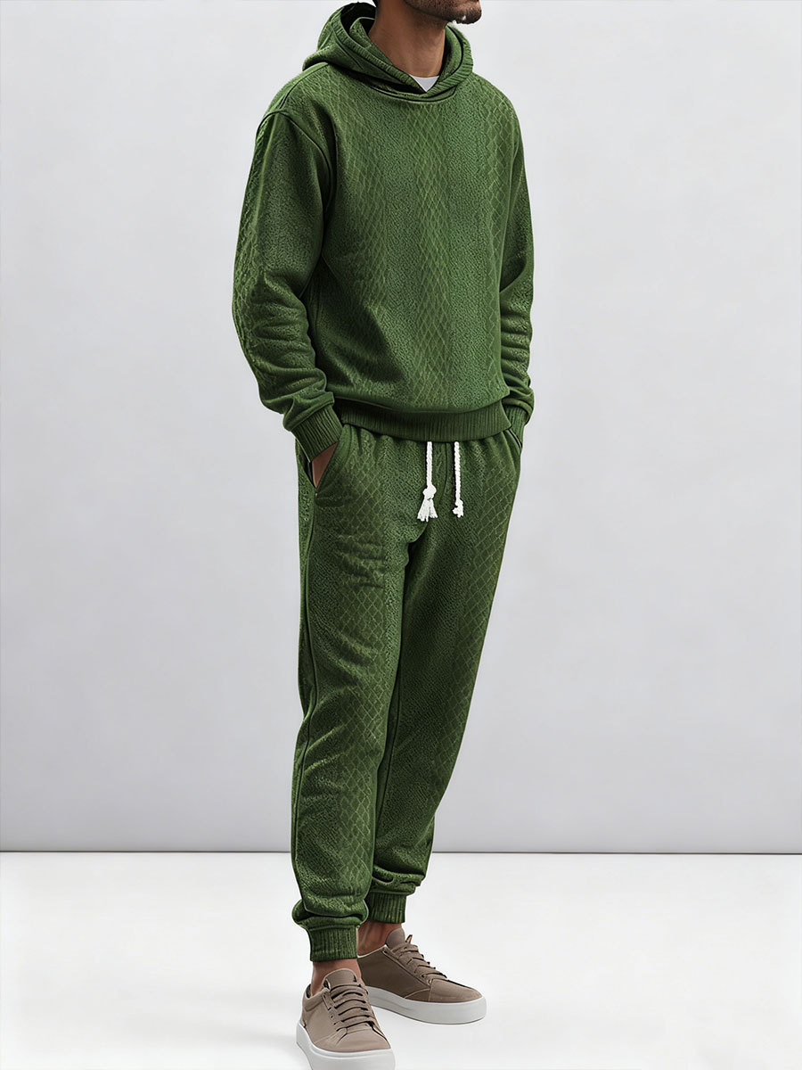 Men's Loose-fitting Casual Sports Long-sleeved Pants Jacquard Hooded Sweatshirt Set