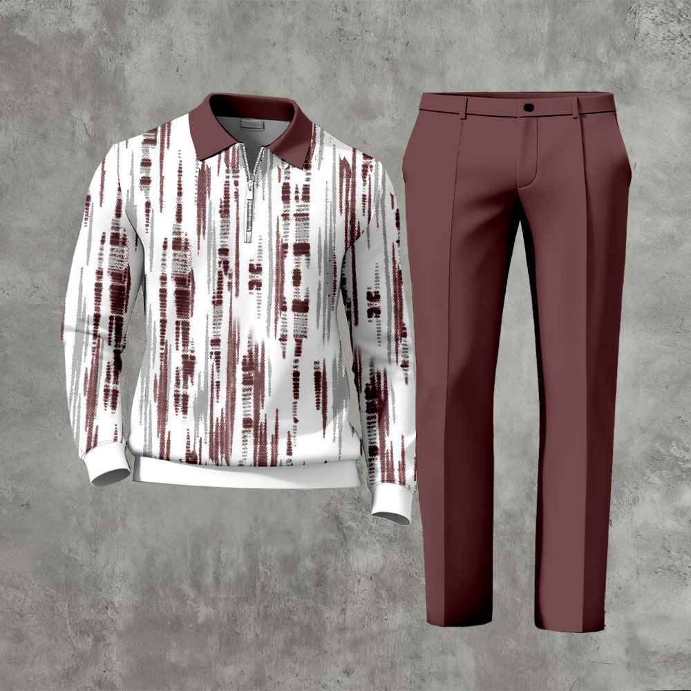 Men's Casual Red & White Color Matching Printed Zipper Long Sleeved Polo Shirt & Trousers Two-Piece Set