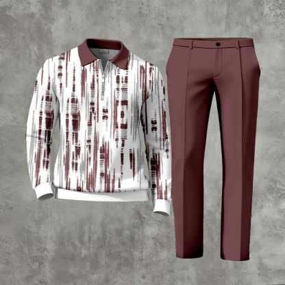 Men's Casual Red & White Color Matching Printed Zipper Long Sleeved Polo Shirt & Trousers Two-Piece Set