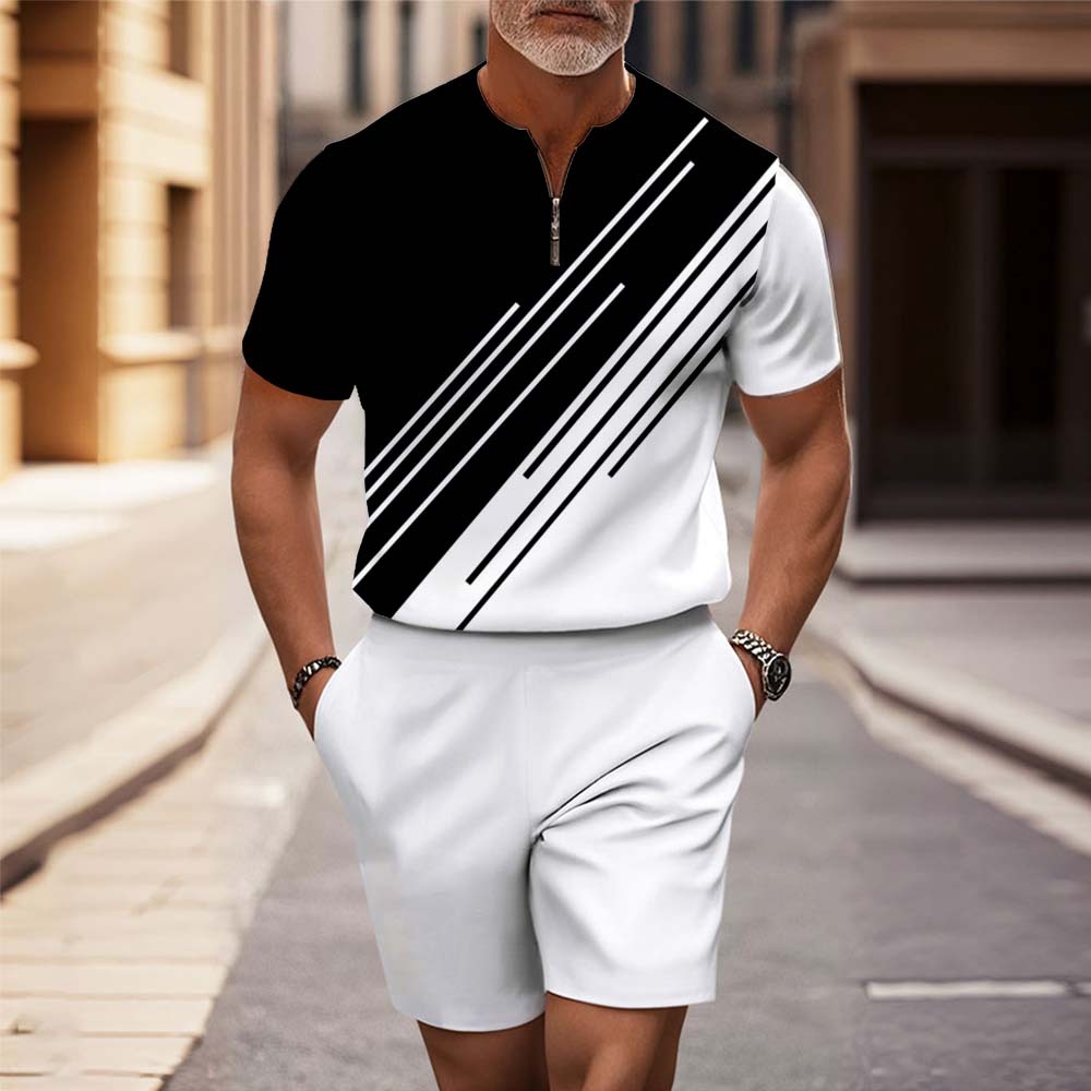 Men's Fashion Casual Round-Neck Geometric Printed Short-Sleeved Two-Pi