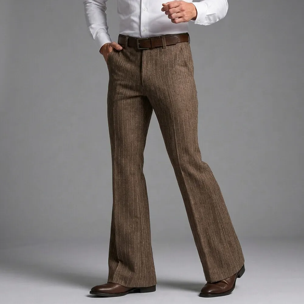 Vintage Pinstripe Brown Flare Pants Bell Bottom Trousers