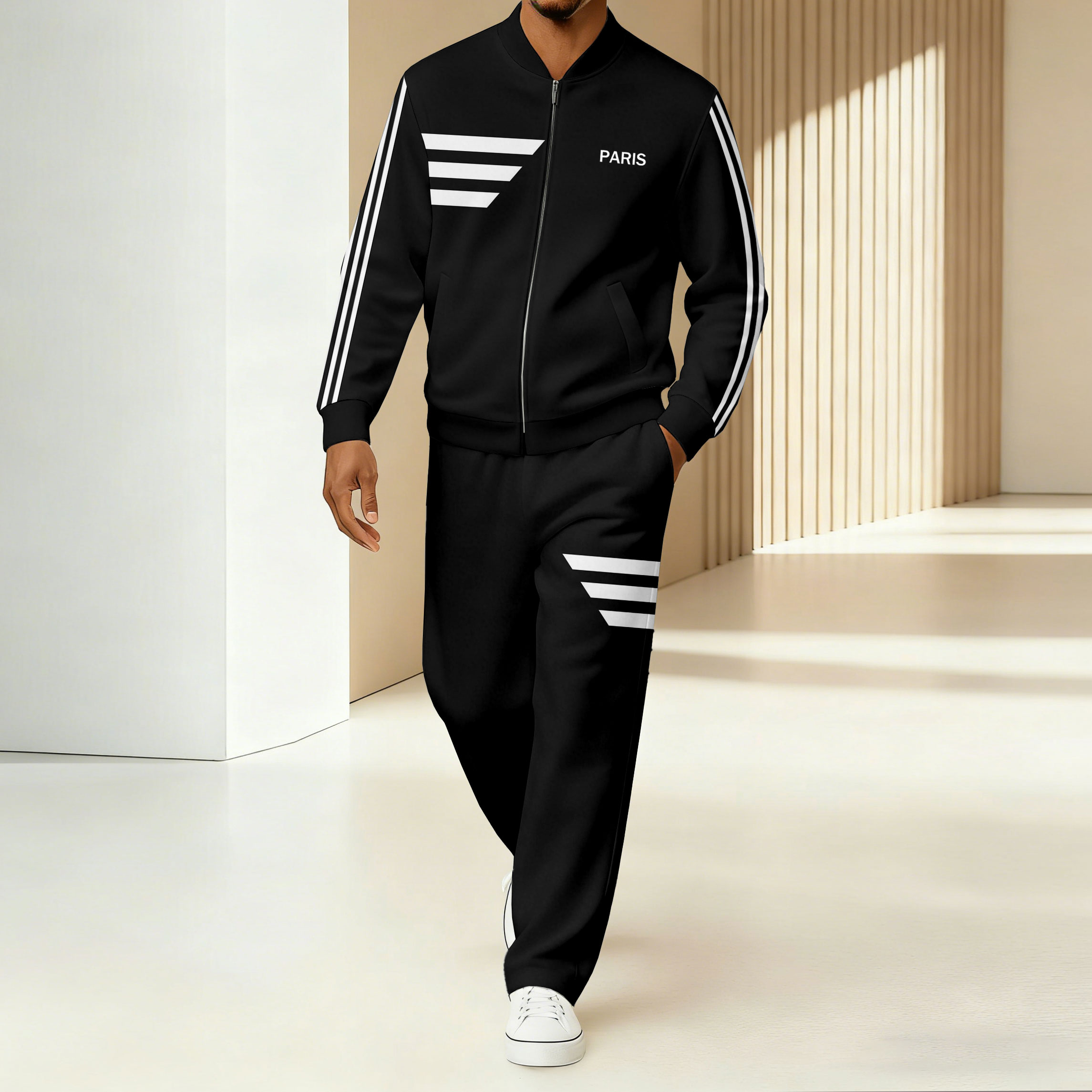 Men's Minimalist Black & White Color-Block Striped Printed Jacket Sports Jogging Set