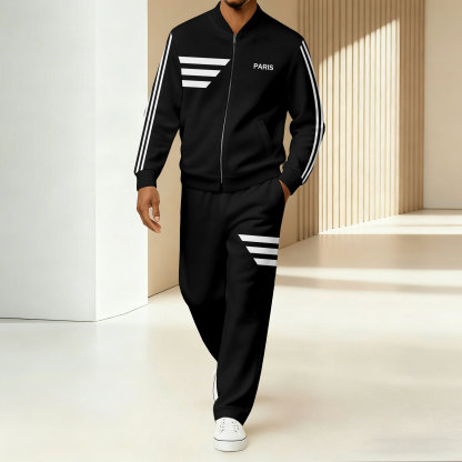 Men's Minimalist Black & White Color-Block Striped Printed Jacket Sports Jogging Set