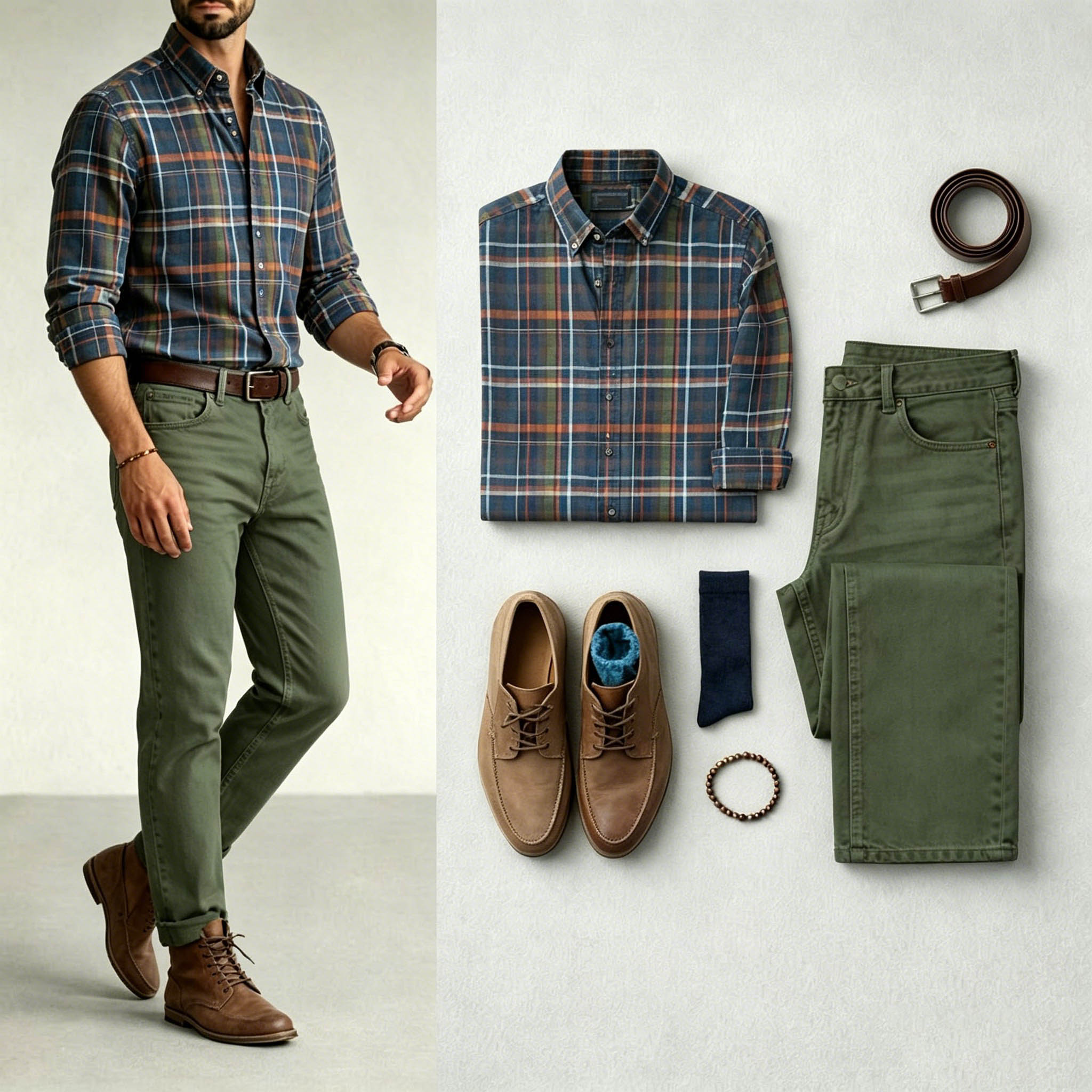 Men's Navy Blue & Army Green Color Matching Retro Style Lapel Collar Long Sleeves Shirt & Jeans Two-Piece Set