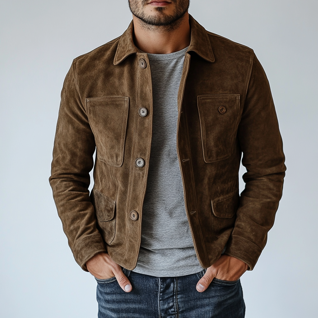 Men's Vintage Suede Buttons Multi-Pocket Lapel Jacket