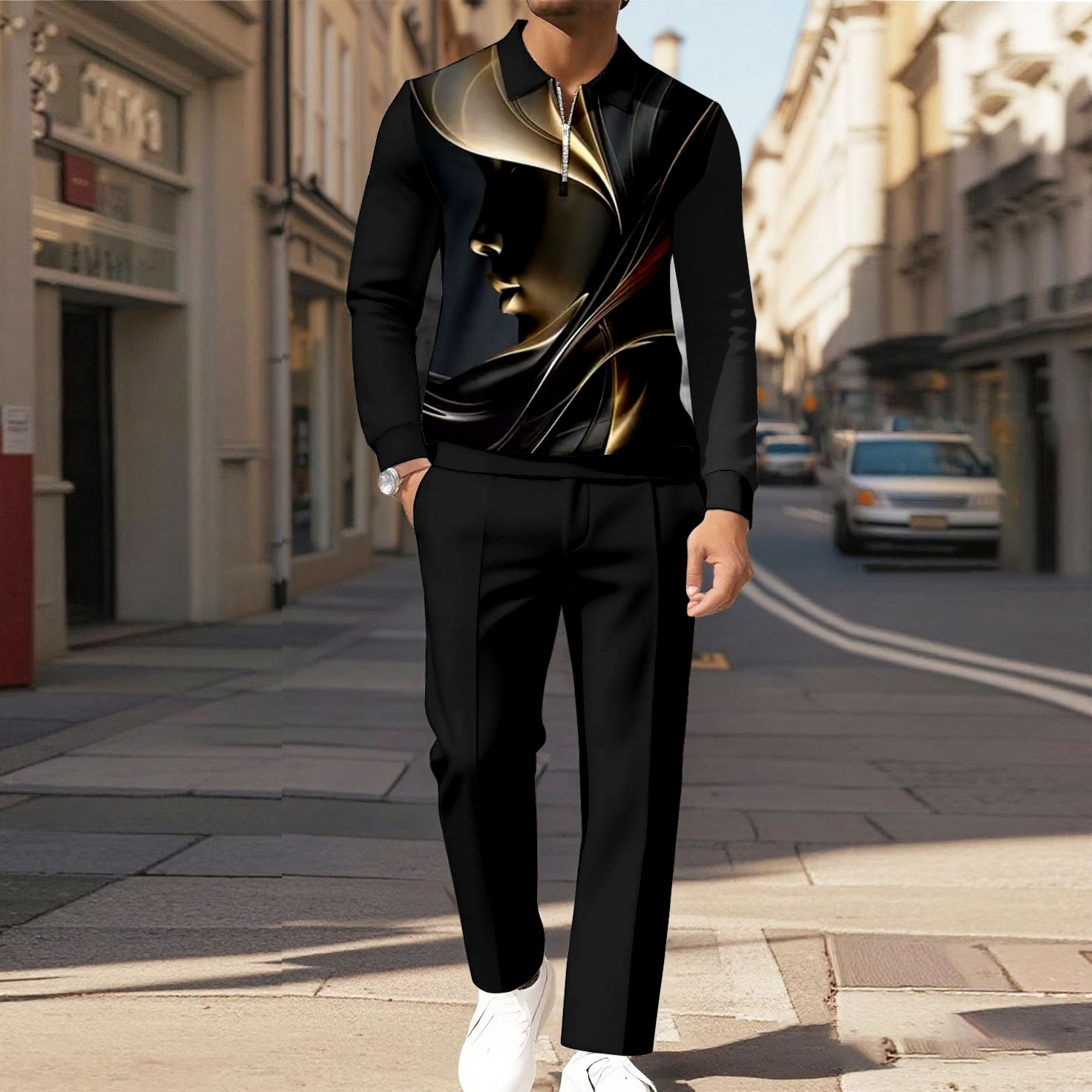 Men's Casual Color Matching Printed Polo-Collar Zipper Long Sleeved Trousers Two-Piece Set