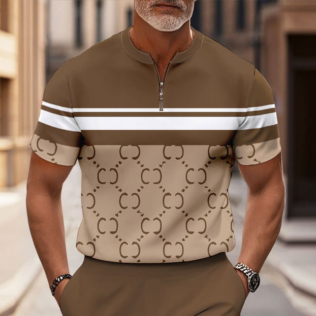 Men's Fashion Casual Round-Neck Brown & White Color Matching Retro Style Checkered Printed Short-Sleeved Two-Piece Set 951
