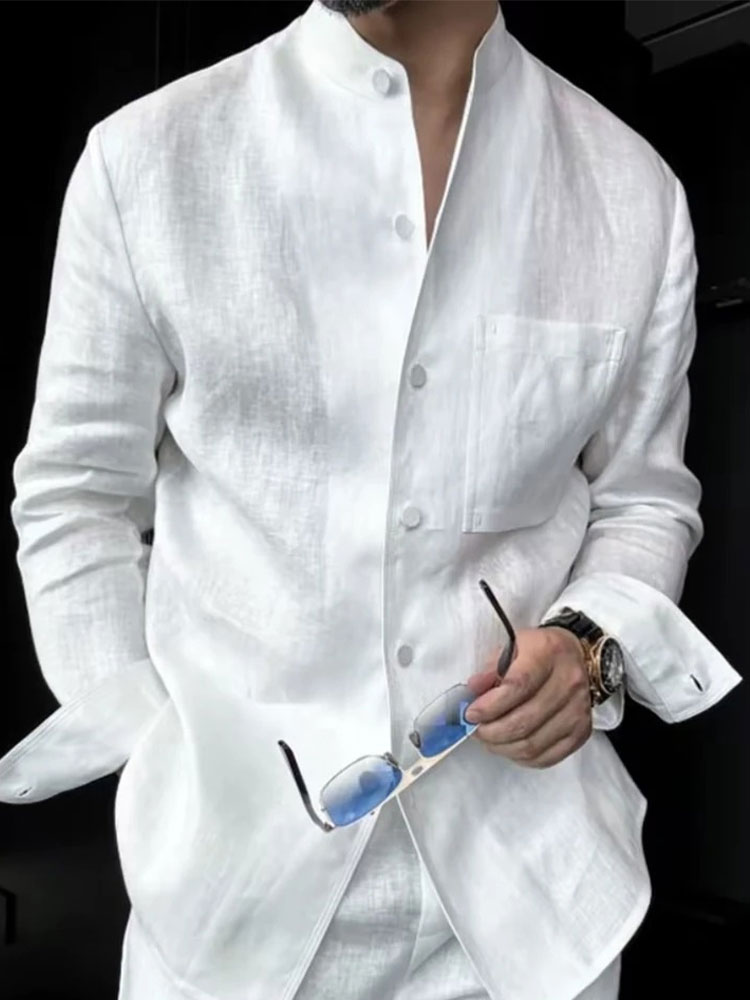 Premium Linen-Blend Mandarin Collar Suit-White