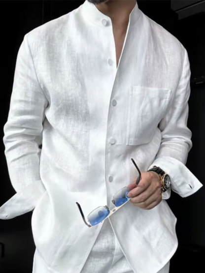 Premium Linen-Blend Mandarin Collar Suit-White