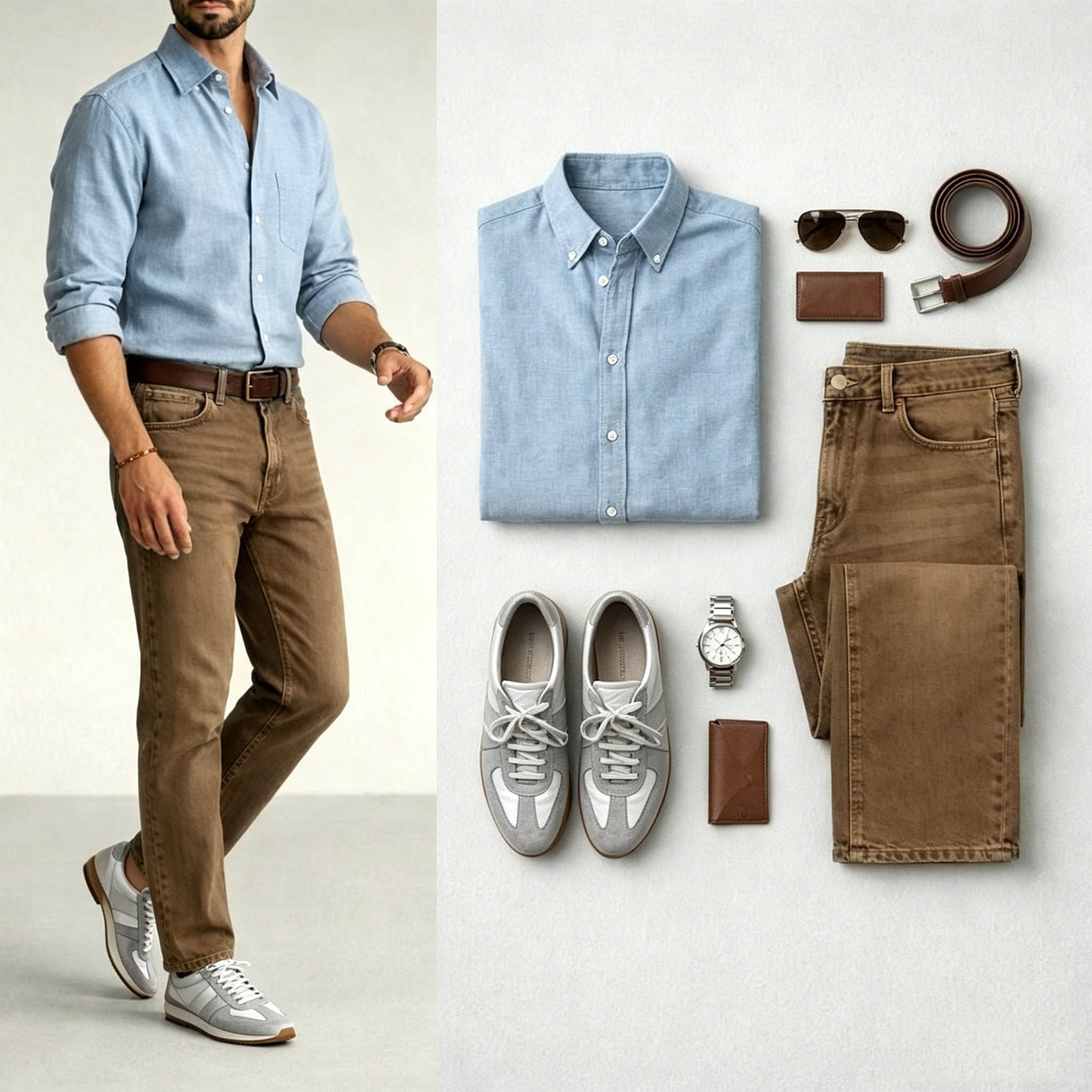 Men's Light Blue & Brown Color Matching Retro Style Lapel Collar Long Sleeves Shirt & Jeans Two-Piece Set