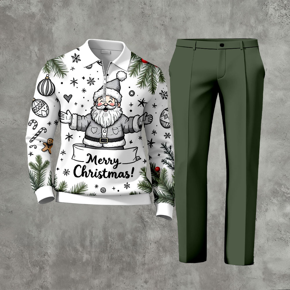Men's Casual Army Green & White Color Matching Christmas Printed Zipper Long Sleeved Polo Shirt & Trousers Two-Piece Set