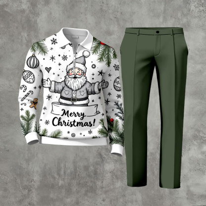 Men's Casual Army Green & White Color Matching Christmas Printed Zipper Long Sleeved Polo Shirt & Trousers Two-Piece Set